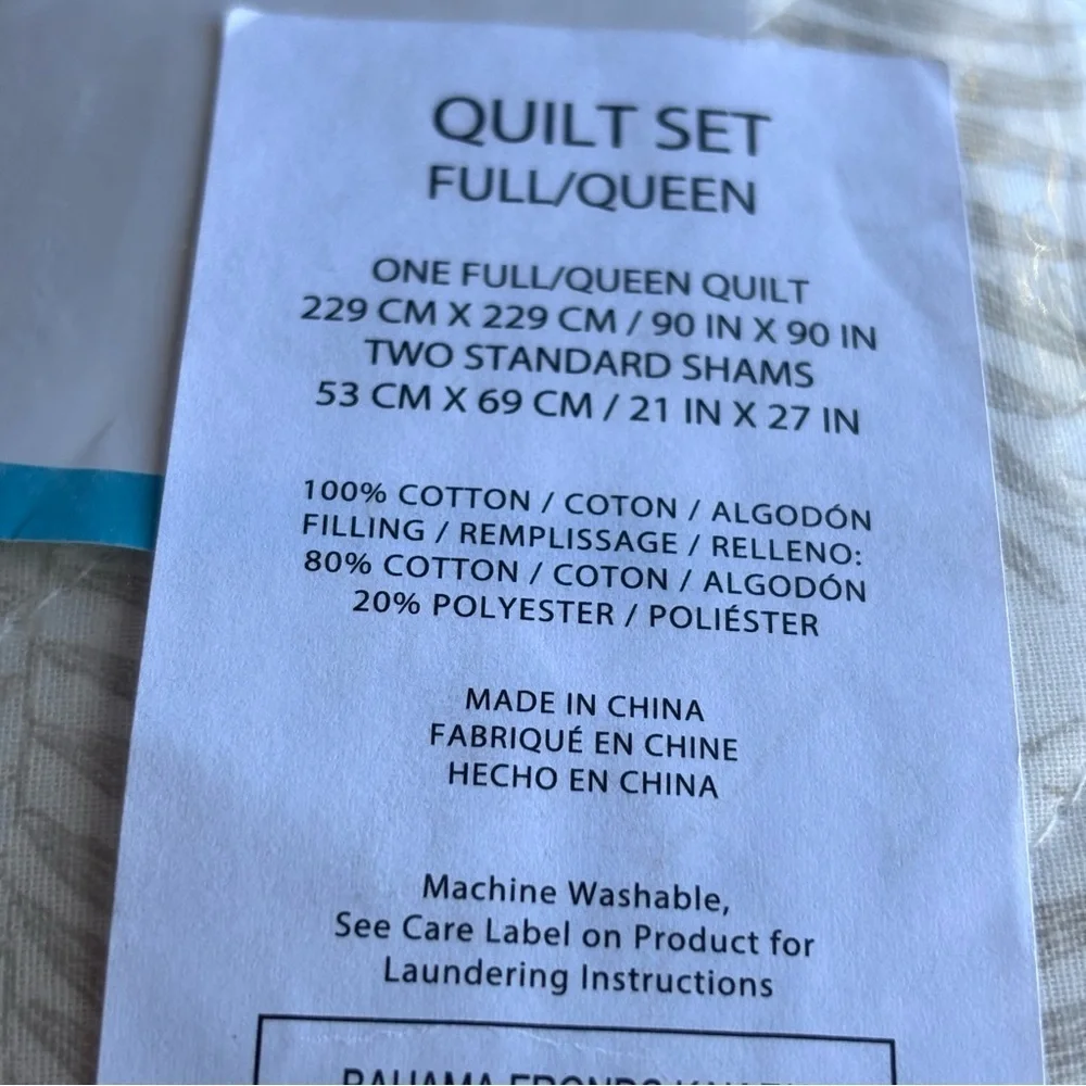 Tommy Bahama Queen Quilt Set, Reversible Cotton Set Shams,Frond Leaf Khaki,Queen